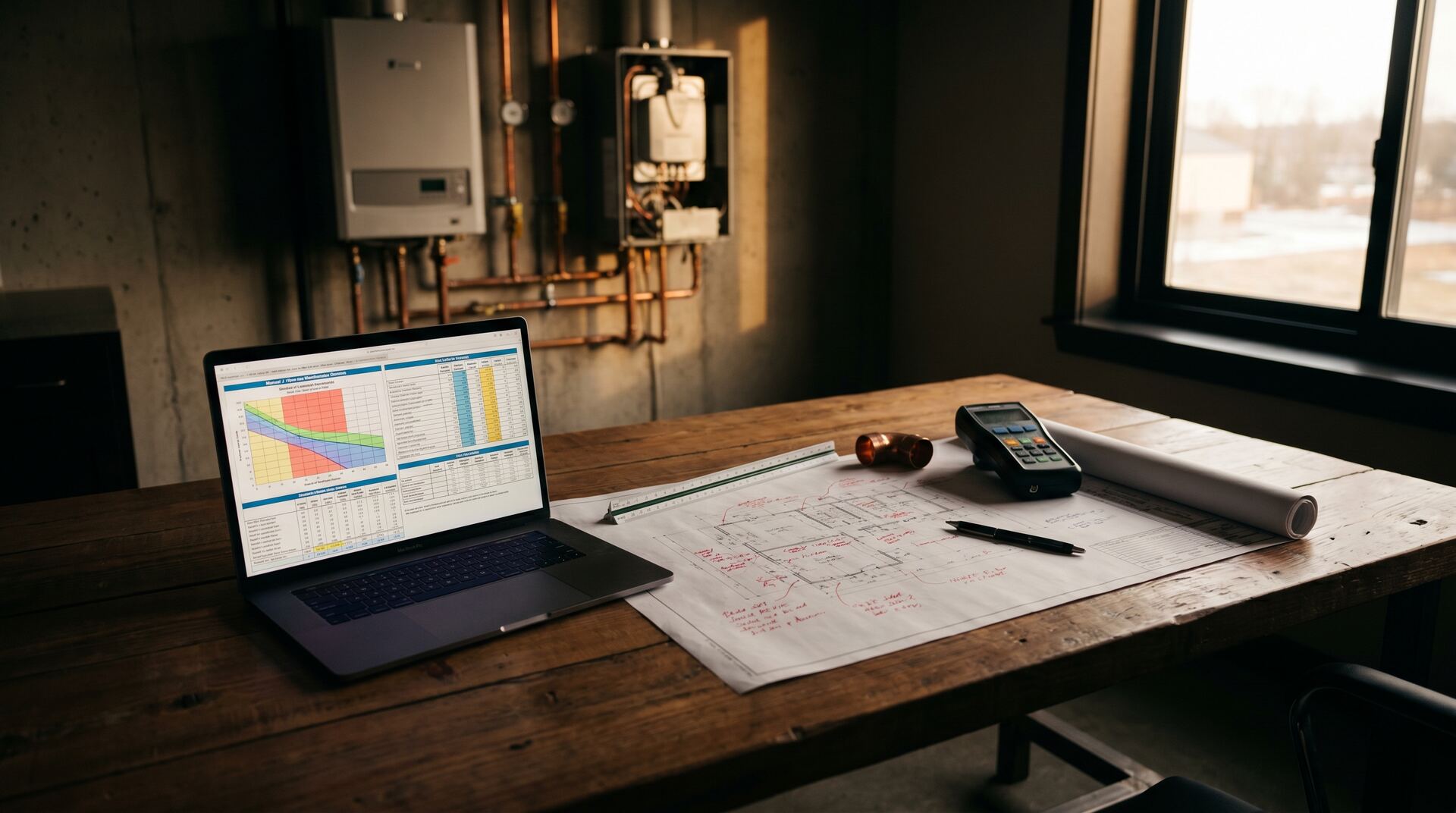 Engineering workspace with heating system blueprints and Manual J load calculations