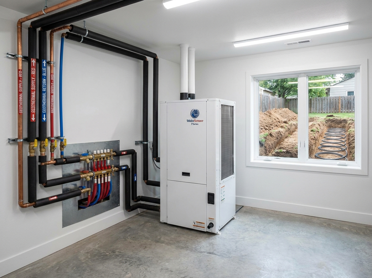 Geothermal heat pump installed in a residential mechanical room