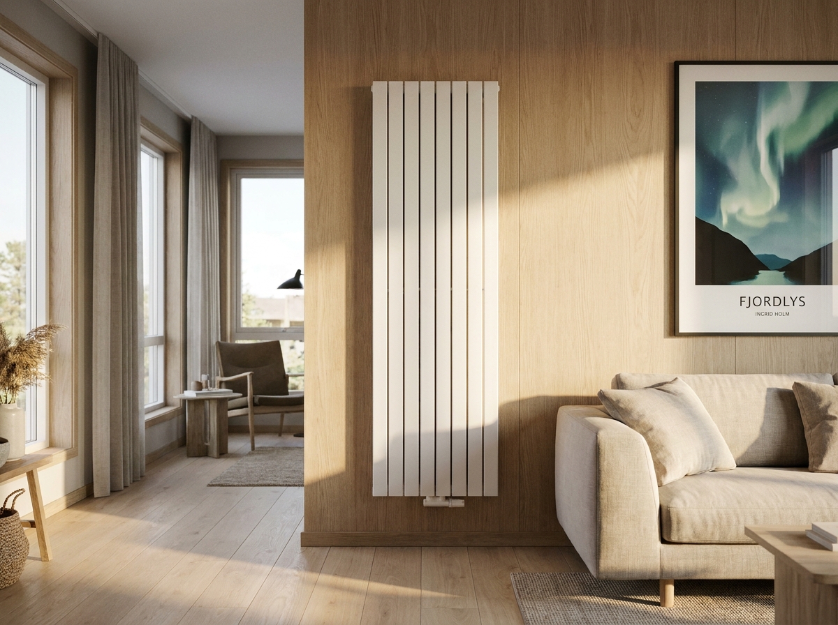 Modern flat-panel hydronic radiator in a contemporary living room