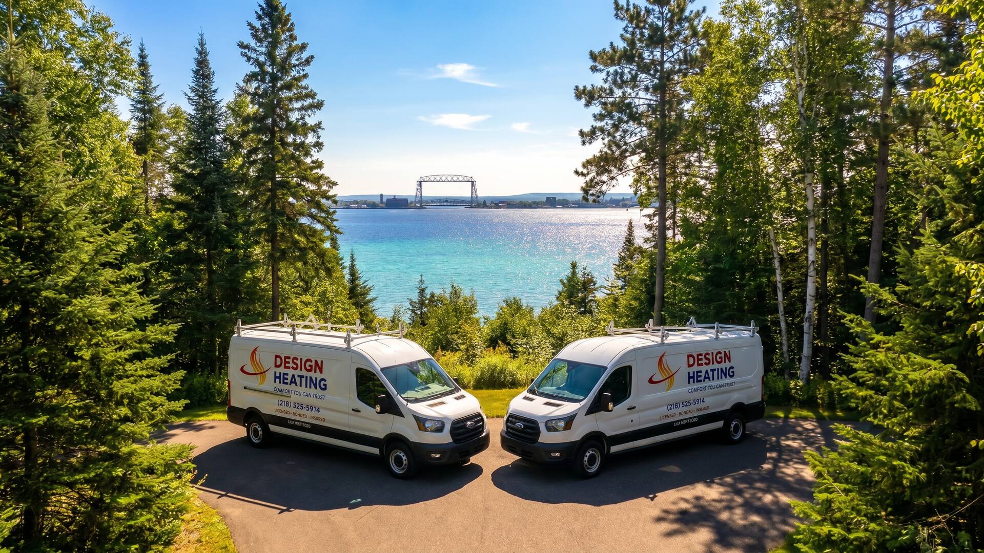 Two Design Heating service vans overlooking Lake Superior on a bright summer day, with lush green North Shore trees and the Aerial Lift Bridge in the distance