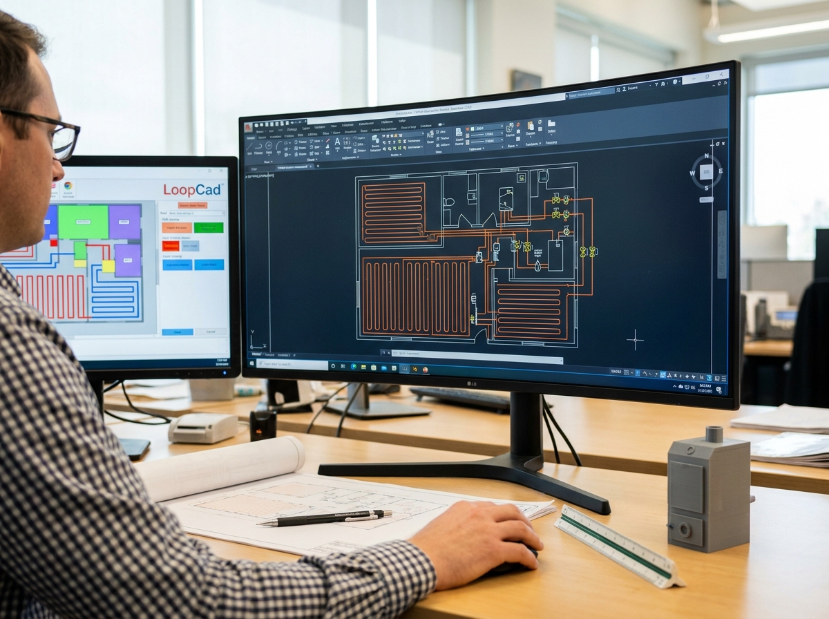 Designer creating a hydronic piping schematic in LoopCad on a dual-monitor workstation